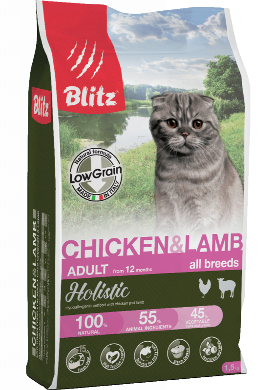 Blitz Holistic Chicken & Lamb Cat - низкозерновой сухой холистик корм для кошек с Курицей и Ягненком