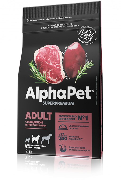 AlphaPet Superpremium - Сухой корм для взрослых собак средних пород с Говядиной и Потрошками